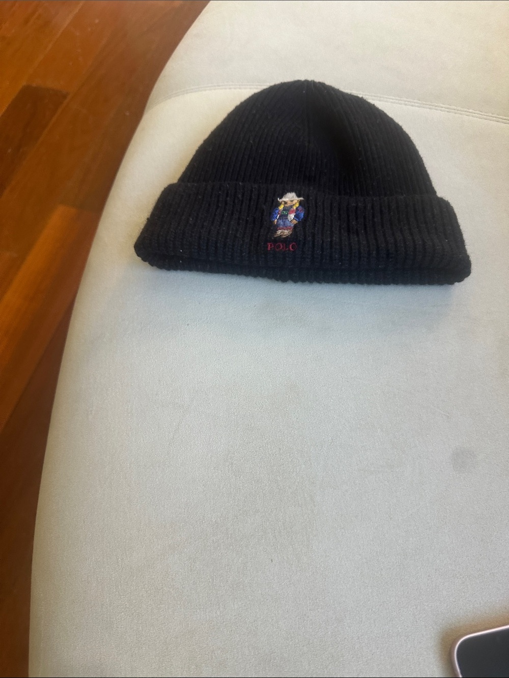 Polo by Ralph Lauren Black Ribbed Beanie with Multicolor Bear Embroidery